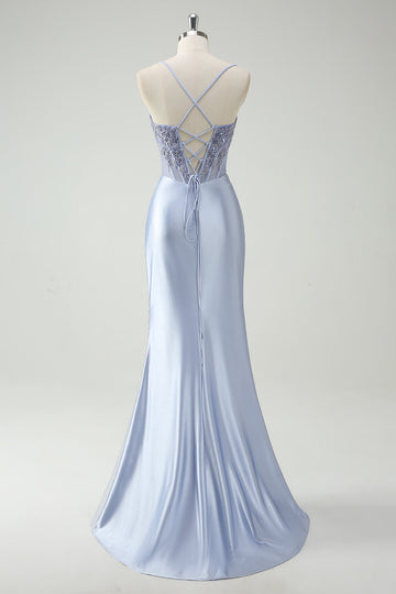 Light Blue Mermaid Ruched Corset Long Prom Dress with Appliqued Beading